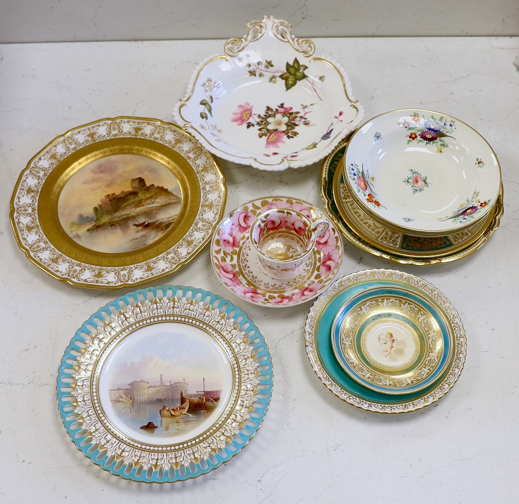 A collection of 19th/20th century English porcelain tableware including a Royal Doulton ‘Pembroke Castle’ cabinet plate, 26cm diameter (11)